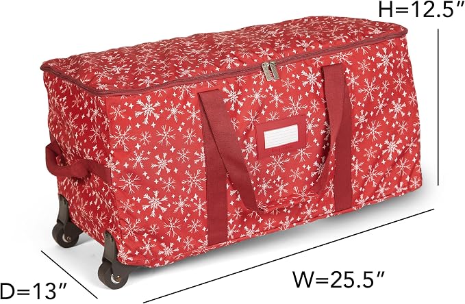 Covermates Keepsakes Rolling Treasurekeeper Storage Bag – Heavy-Duty Polyester with Dual Wheels & Handles – Protects Holiday Decorations with ID Window & Dual Zipper Access, Red Snowflake