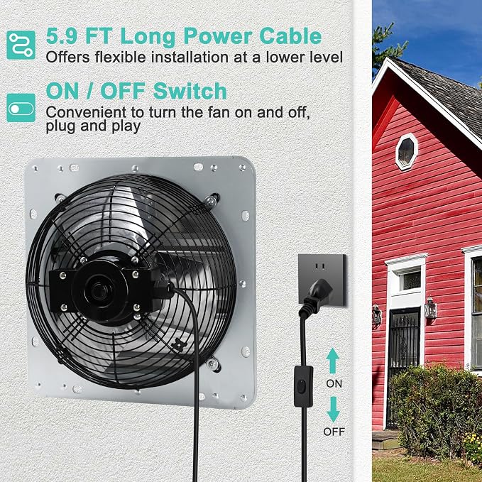 7 Inch Shutter Exhaust Fan, Wall Mount Attic Fan with Power Cord for Greenhouses, Sheds, Garages, Chicken Coops, Barns Ventilation, 760 CFM