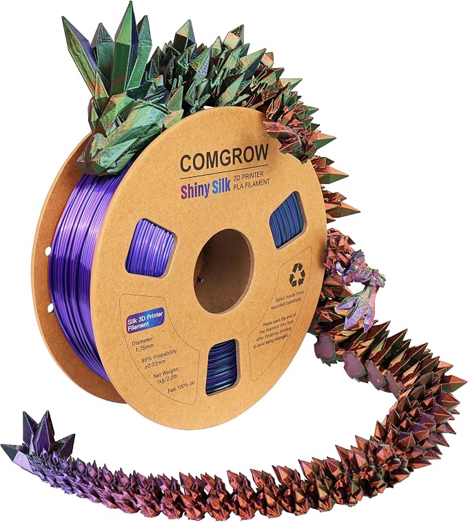 Comgrow Tri-Colors Silk PLA 3D Printer Filament, Rainbow PLA Filament 1.75mm, Dimensional Accuracy +/- 0.02 mm, 1KG Spool, Coextrusion 3D Filament with Shiny Silk Copper-Green-Purple