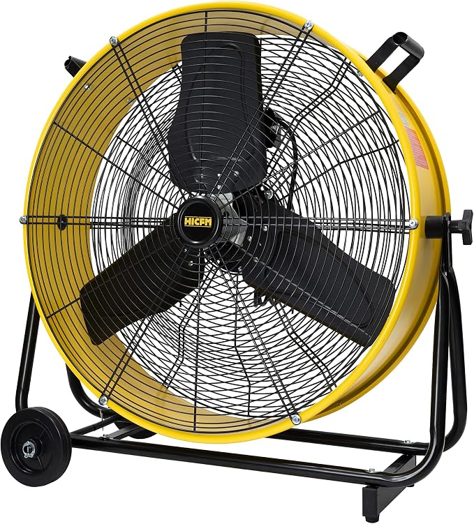 HiCFM 24 inch Enclosed Motor Drum Fan with TEAO Sealed Powerful 1/3HP Motor, 9 Feet Cord, 9200 CFM 2-Speeds High Velocity, safety yellow Shop Fan, 180 Degree Tilting, Move Much Air, UL Approved