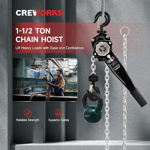 CREWORKS Lever Chain Hoist, 1-1/2 Ton 3300 lb Capacity 20 ft Manual Chain Hoist with G80 Galvanized Chain & Swivel Hooks, Heavy Duty Manual Lever Hoist for Construction Warehouse Automotive Factory