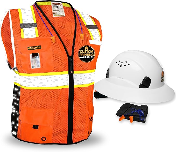 KwikSafety BIG KAHUNA DIGITAL Safety Vest [Orange, 2XL] + TORTOISE Full Brim Hard Hat Bundle