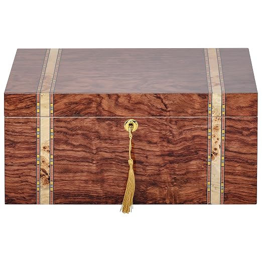 Desktop Cigar Handcrafted Bubinga Wood Mapa Burl Decorative Wood Inlay Glass Hygrometer Lock & Key Spanish Cedar Lined, Holds 75-140 Cigars (Zurich)