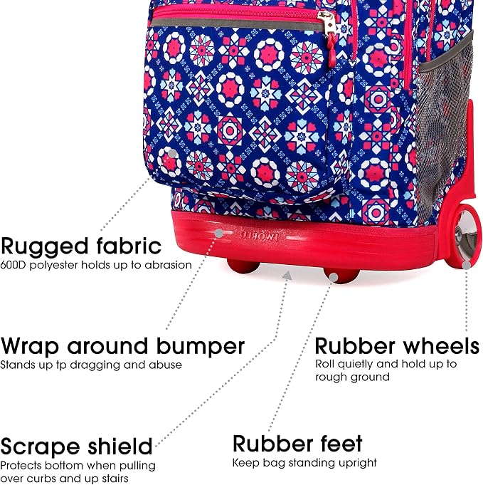 J World Sundance Laptop Rolling Backpack for Girls Boys. Roller Bookbag with Wheels, 20 Inch, Trinket