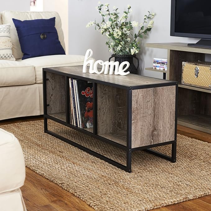 Household Essentials Ashwood & Iron Cube TV Console with Rustic Grain