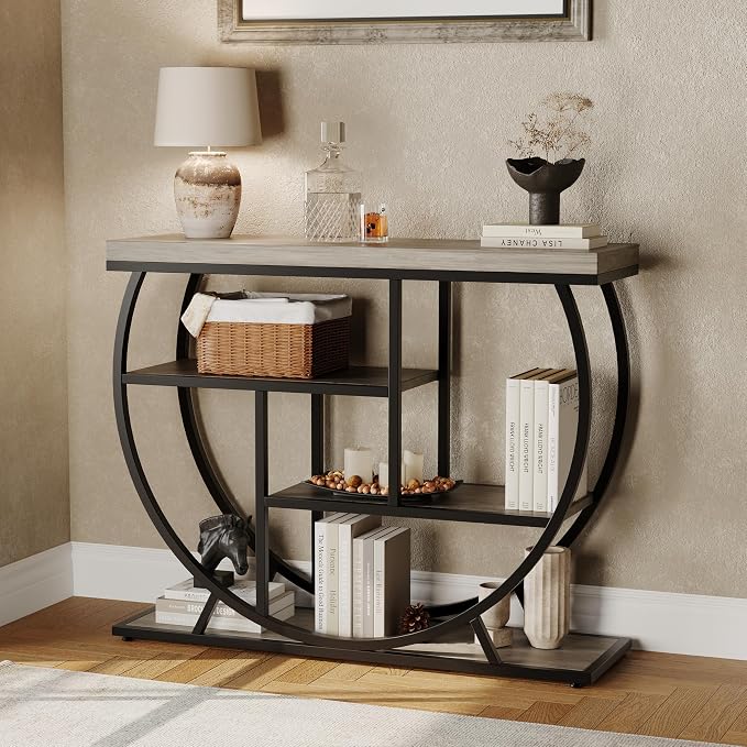 Garvee Entryway Table with Storage, Industrial 4-Tier Narrow Console Table Behind Couch with Half-Circle Base & Storage Shelves for Living Room, Hallway, Foyer