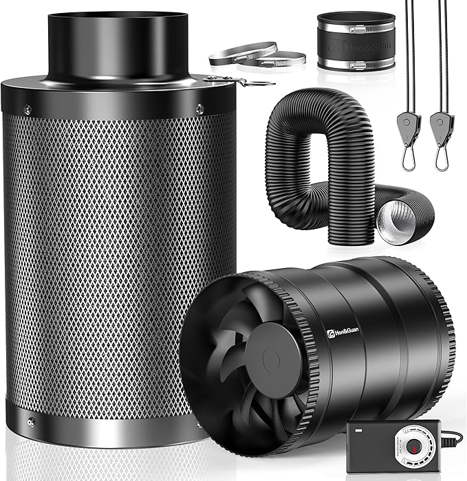 Hon&Guan 6" Air Filtration Kit: 6 Inch Inline Duct Fan with Speed Controller, 12" High Carbon Filter, 8 Ft Ducting & Rubber Coupler, Ventilation System for Grow Tents, Indoor Gardening, Hydroponics