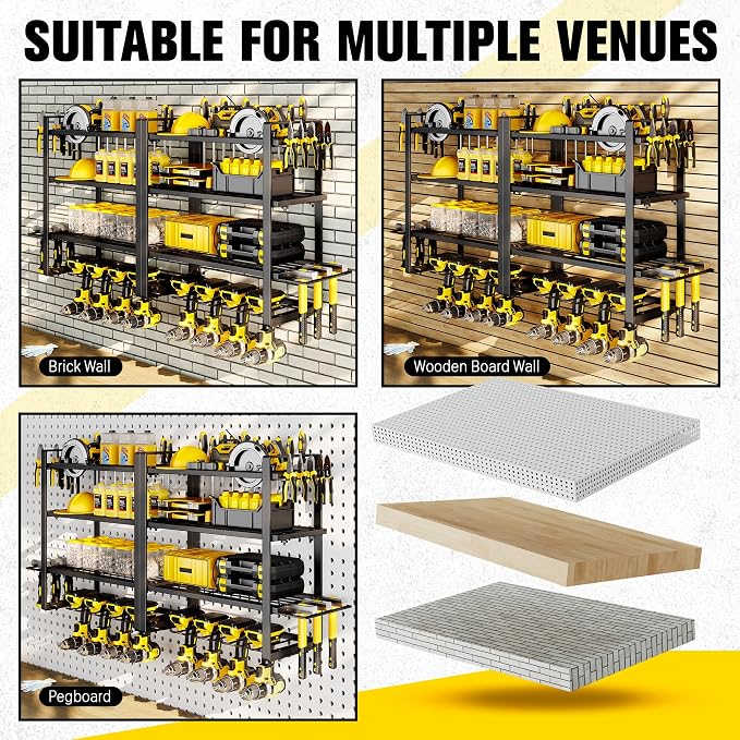 Hipidian Power Tool Organizer Wall Mount - Storage Rack with 4 Drill Holders for Drills Cordless Tools. Heavy Duty Iron Garage Tool Organizer Storage for Workshop Shed (4 Slots 4 Layers 2 Pcs)