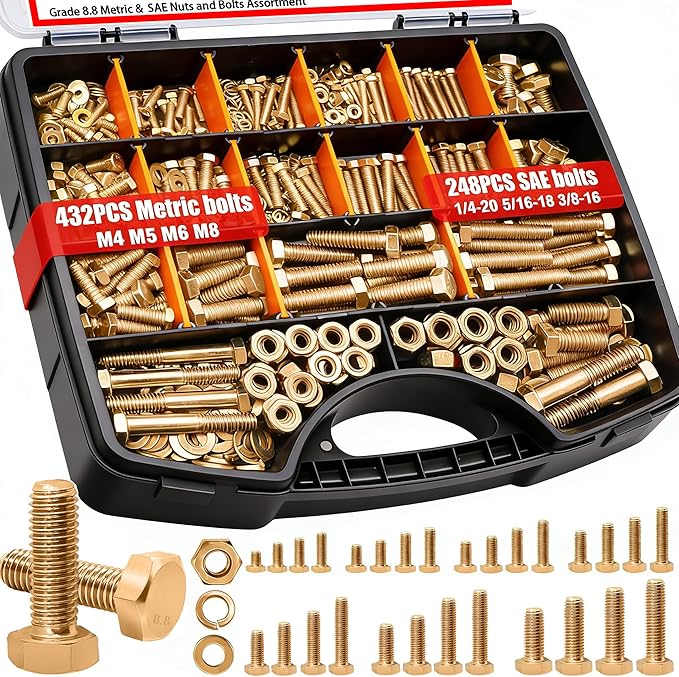 Twidec/680PCS Metric＆SAE Bolt Assortment,Grade 8.8 Hex Head Bolts and Nuts Assortment Kit, M4 M5 M6 M8 1/4-20 5/16-18 3/8-16 Heavy Duty Nuts and Bolts Kit Gold Zinc Plating With Storage Case