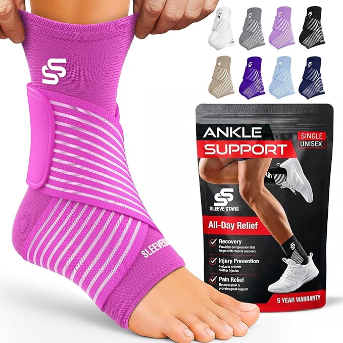 Sleeve Stars Ankle Brace for Women & Men, Ankle Wrap for Sprained Ankle, Compression Sleeve for Plantar Fasciitis Relief, Easy Customizable Support: w/Removable Strap (Single/L:12"-13"/Hot Pink)