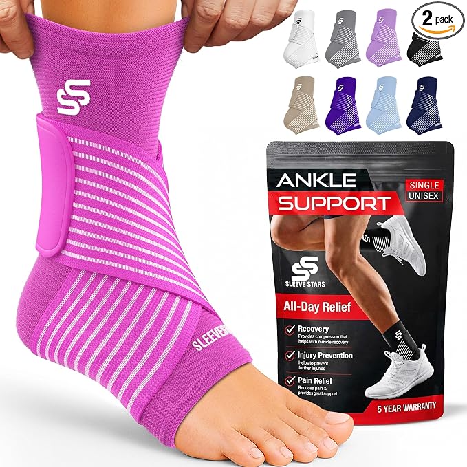 Sleeve Stars Ankle Brace for Women & Men, Ankle Wrap for Sprained Ankle, Compression Sleeve for Plantar Fasciitis Relief, Easy Customizable Support: w/Removable Strap (Pair/M:10"-12"/Hot Pink)
