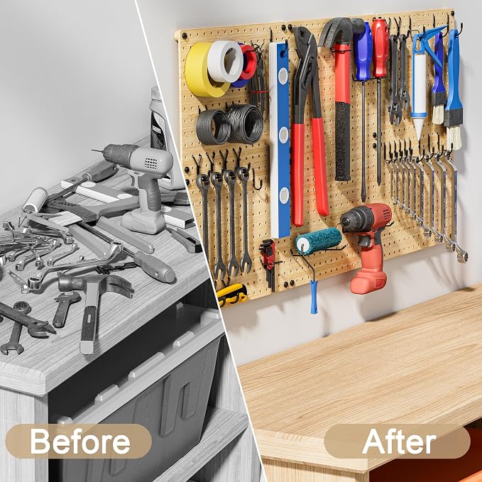 VOIMO Bamboo Pegboard Organizer Set, 6 Panels (16"x12") with 48 Hooks – Eco-Friendly Wall Mounted Storage Rack for Tools, Crafts & Office – Natural Bamboo Pegboard System with Accessories