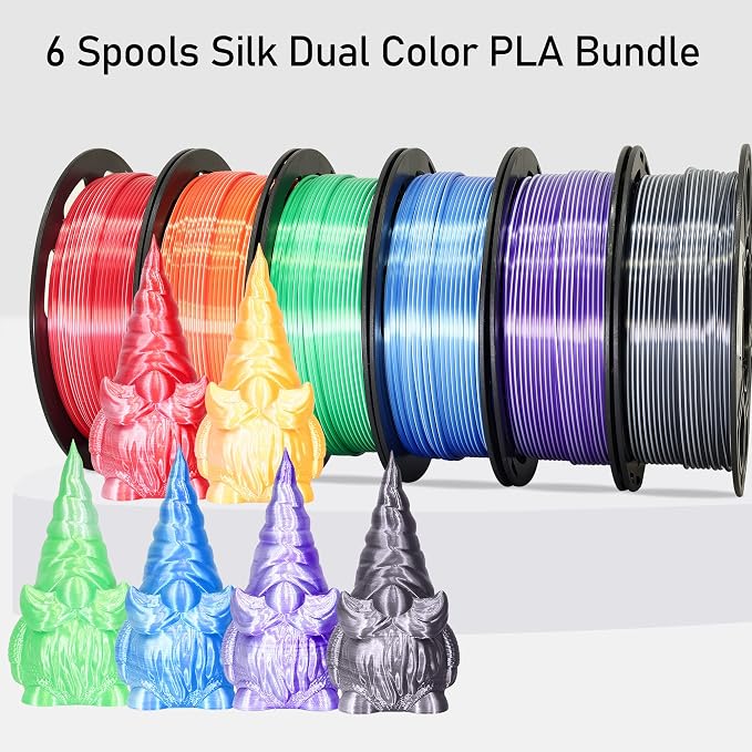 MIKA3D Dual Color 1.75mm 3D Printer Filament Bundle, 3D Printing Silk PLA 6 Spools Pack, Silk White Purple,White Blue,White Orange,WhiteBlack, WhiteGreen, WhiteRed,3D Printing PLA 250g X 6 Spools