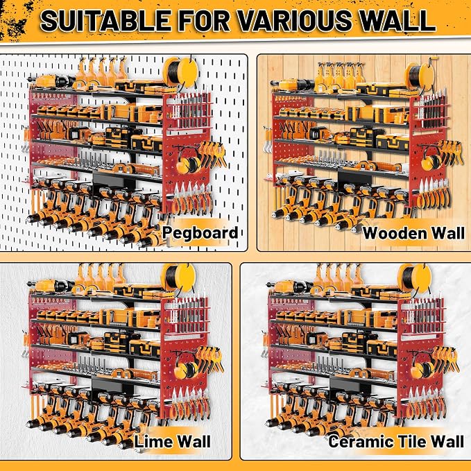 5 Layers Power Tool Organizer Wall Mount, Metal Cordless Tool Hanger Storage Rack Holder with 8 Drill Holders, Heavy Duty Garage Wall Tool Shelf for Workshop Tool Room Shed Pegboard (Black Red)