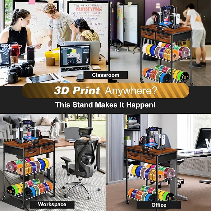 3D Printer Filament Storage Rack with Drawers, 3Tier Metal Filament Spool Holder with Wheels, 3D Printer Filament Stand for PLA/ABS/TPU/Nylon, Filaments Organzied for Workshop Studio Office, Brown