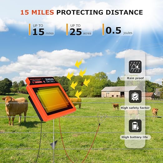 LFGS25 Solar Electric Fence Charger, 25 Miles Solar Charger,0.5J Portable Powered Charger with Day or Night Mode for Livestock, Cattle Sheep, Pigs, Horses