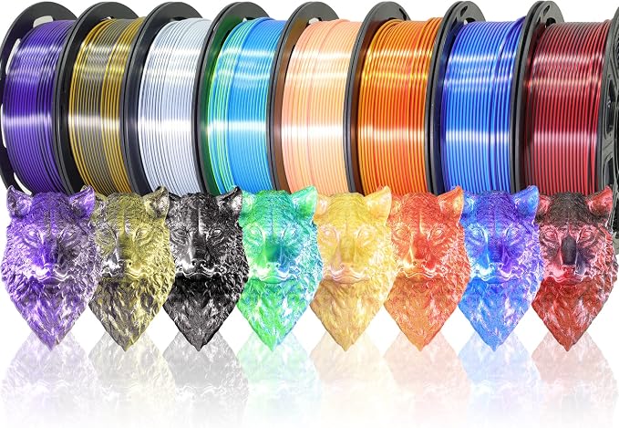 8 Spools Dual Color Silk PLA 3D Printer Filament Bundle, Silk White/Black, Red/Black, GoldBlack, PurpleBlack, Purple/Blue, Red/Gold, Green/Blue, Yellow/Pink, 1.75mm Bicolor Silk PLA 250gX8