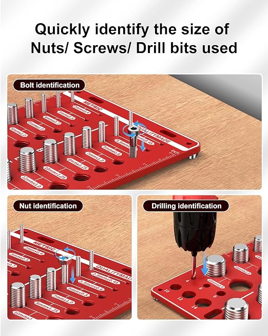 Magnetic Base 62 Nut and Bolt Thread Checker with 25 Standard & 25 Metric Sizes & 12-Hole Drill Bit Gauge, Bolt Size and Nut Size Identifier Gauge