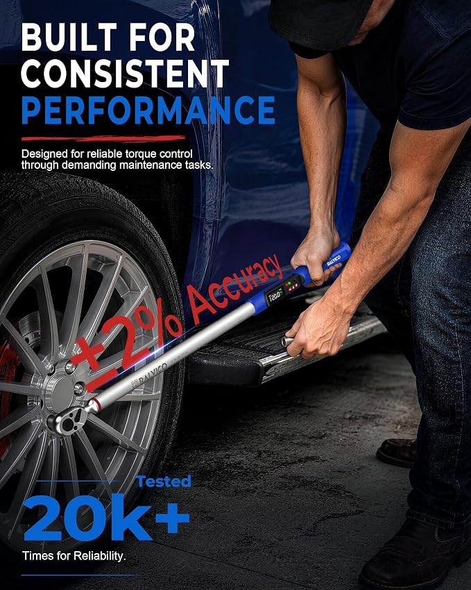 Digital Torque Wrench 1/2 Drive ±2% Accuracy Auto Truck SUV Repair | 12.54-250.7 ft-lb (17-340 N.m)，1000 Data Storage + 8 Presets，Peak & Track Mode，Color LED & Buzzer Alerts，Quick Release Head