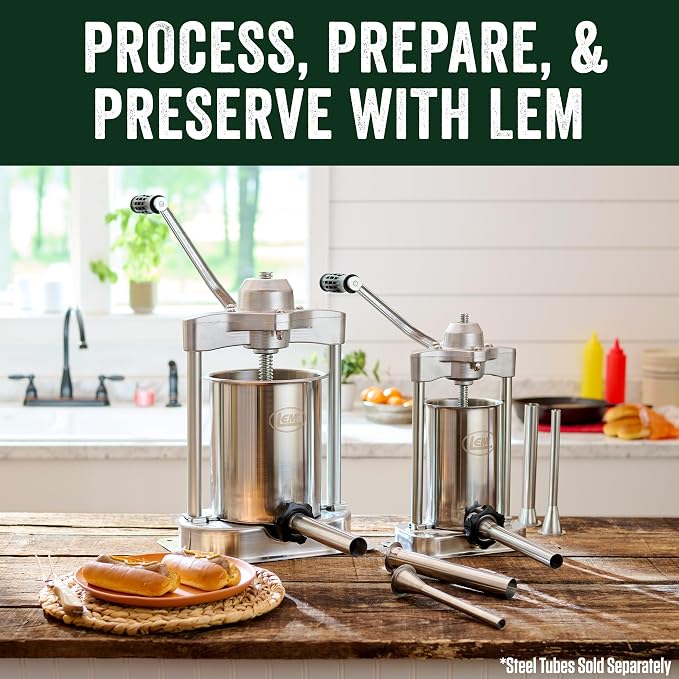 LEM Products MightyBite 5 lb Sausage Stuffer, Professional Design, Stainless Steel, Includes Clamps & Stuffing Tubes, Removable Cylinder, Air-Release Piston, Meat Stuffer Machine for Home Use