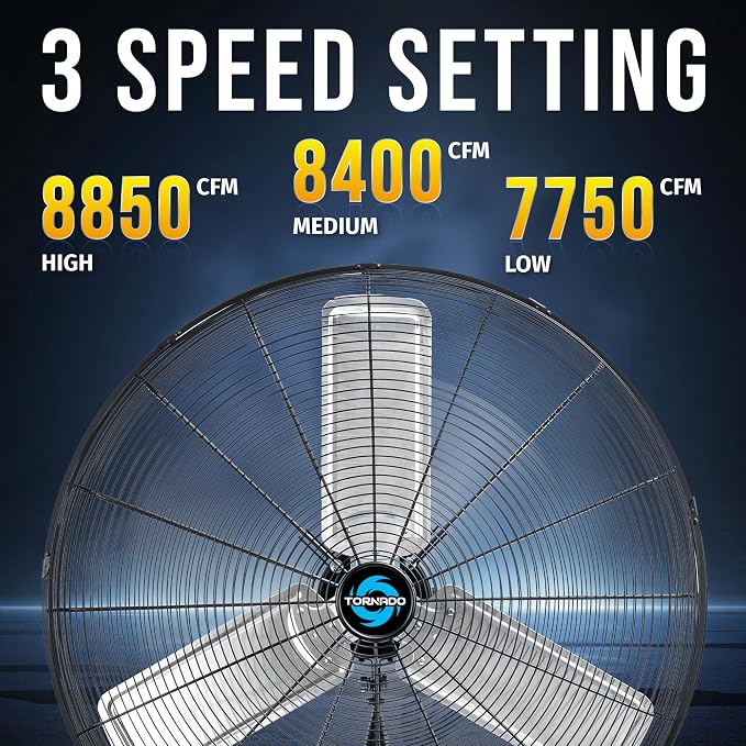 Tornado 30 Inch High Velocity Stationary Non-Oscillating Metal Pedestal Fan Commercial, Industrial Use 3 Speed 8850 CFM 10 FT Cord UL Safety Listed, Black