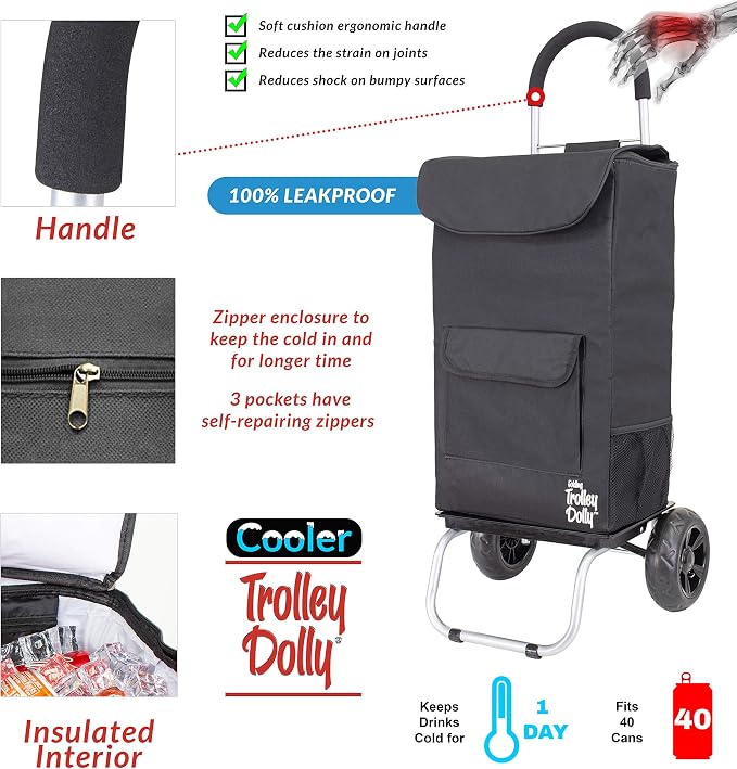 dbest products Cooler Trolley Dolly, Black Insulated cooler bag folding collapsible rolling shopping grocery tailgating bbq beer ice cart 14" x 17" x 38"