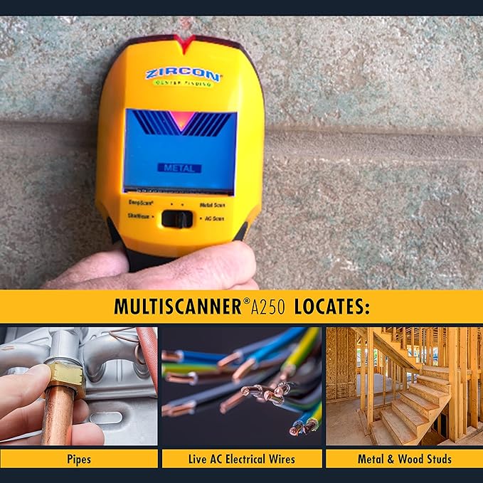 Zircon® MultiScanner™ A250 Stud Finder Wall Scanner, All-in-One Wood and Metal Stud Detector with Live AC Wire Detection, 4 Scan Modes, LCD Display, SpotLite® Pointer and ACT™ Technology