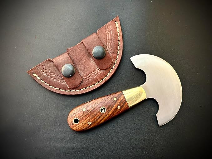 Handmade Round Head Knife | Carbon Steel | Half Moon Leather Working Knife | Wooden Handle | Skiver Knife for DIY Leathercraft | With Leather Sheath