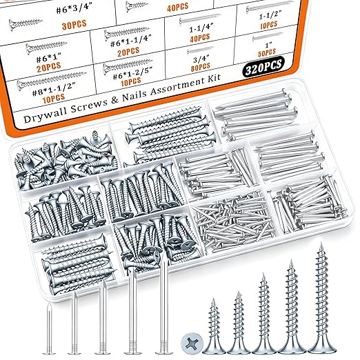 Dianrui Nails & Wood Screws Assortment Kit, 320 PCS #6#8 Philips Drywall Screws Set and High Hardness Hardware Small Nails for Picture Hanging/DIY Repair Project Length 1/2" to 2"