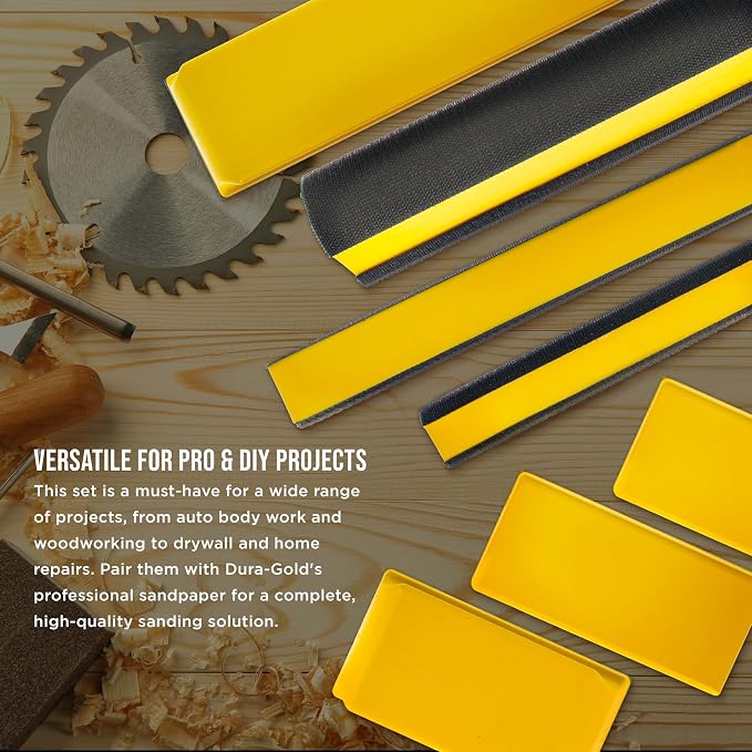 Dura-Gold 7-Piece Hand Sanding Block Set - 5" to 10-3/4" Long, Handheld Hook & Loop Sander Pads - Rectangle, Flat, Round, Curved, Contoured Shapes - Sand Wood Woodworking, Auto Body Paint & Detailing