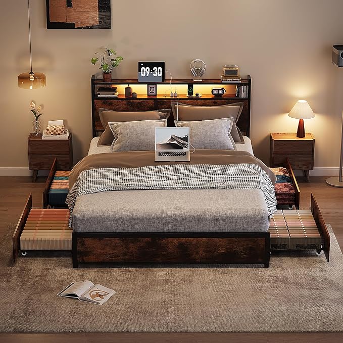 VINGLI Full Platform with 4 Storage Drawers and Headboard, Metal Double Bed with Charging Station and LED Lights, No Box Spring Needed, Noise Free, Easy Assembly, Vintage Brown