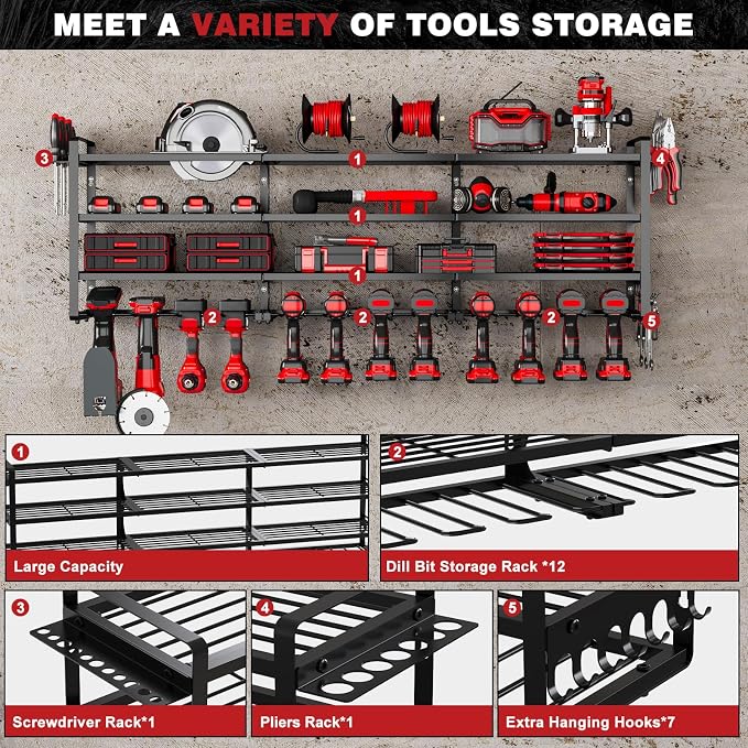 NattyDot 48" Large Power Tools Organizer Wall Mount,12 Drill Holder for Garage, Workshop Heavy Duty Storage Rack