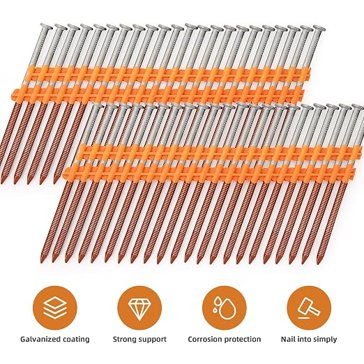 1000 Count 21 Degree framing Nails 2 inch, 2" x 0.113", Hot Dipped Galvanized, Plastic Collated Ring Shank Round Head Nails for Pressure Treated Lumber