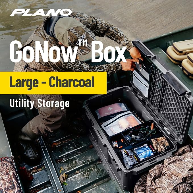 Plano GoNow Box, Waterproof Gear Storage, Heavy-Duty Outdoor Utility Container with Tray and Dividers for Tools and Accessories, Large, Charcoal
