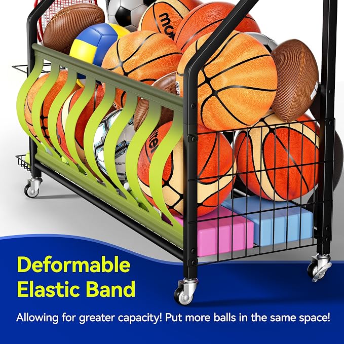 Sports Equipment Organizer, Large Capacity Garage Ball Storage Rack with Wheels, Heavy-Duty Rolling Ball Cart for Basketball, Soccer & Sports Gear