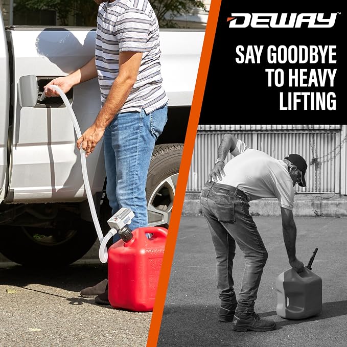 DeWay Fuel Transfer Pump for Gas Can with Basic Clip-On Nozzle | Fast 2.4GPM Flow Rate, Long 51” Tube, Easy 4 AA Battery Power & 3 Fuel Can Adapters for Gasoline, Kerosene, Diesel & Non-Potable Water