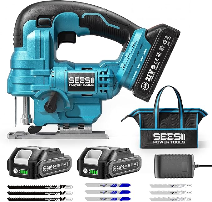 SEESII Jig Saw, Cordless Jigsaw Tool with 2×2.0Ah Batteries and Charger | ±45° Bevel Cuts, 4 Orbital for Wood Metal PVC Cutting, Variable Speed, with 9 Blades, LED Light, Safety Lock, Storage Bag