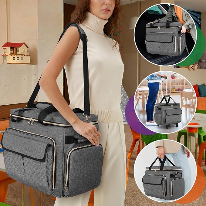 LUXJA Rolling Teacher Bag with Laptop Compartment and Detachable Dolly, Multifunctional Rolling Briefcase with Accordion File Area (Patented), Gray