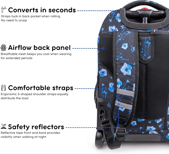 J World New York Sundance Rolling Backpack Girl Boy Roller Bookbag, Night Bloom, 20 X 13 X 9 (H X W X D), RBS-19 NIGHT BLOOM