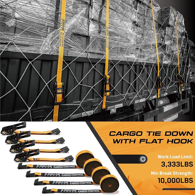 4 Pack Heavy Duty 2" x 27' Ratchet Tie Down Straps with Flat Hooks - 10,000 LBS Break Strength for Truck & Trailer Cargo Control KODIAK STRAPS