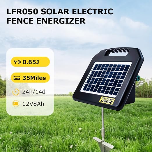 Solar Electric Fence Charger - 0.65 Joules 35 Mile Range Portable Solar Powered Electric Fence Charger, Integrated Machine for Livestock and Garden Protection