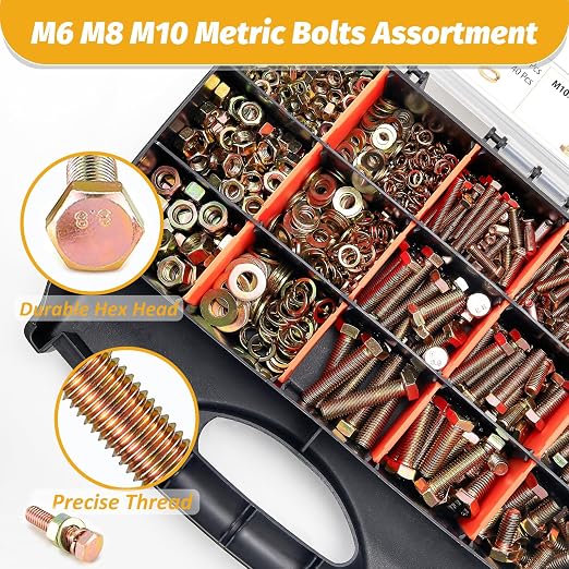 Kadrick 820Pcs Grade 8.8 Metric Bolt Assortment, M6 M8 M10 Hex Heavy Duty Bolts and Nuts Kit,M6 x1.0 M8 x1.25 M10-1.5 (12mm to 45mm),Yellow Zinc Plated