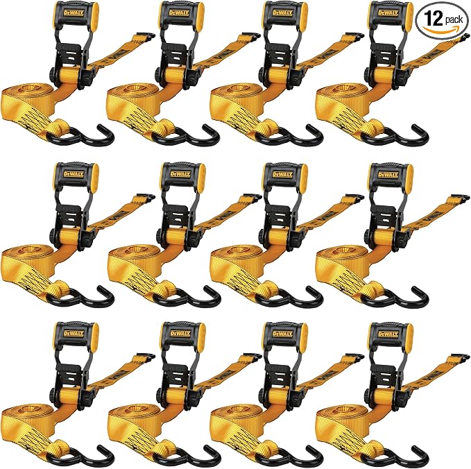 DEWALT DXBC18001-12PK Black/Yellow 1.25" x 12' Ratchet Tie Down Straps - Light-Weight Cargo Hauling (1800 lb Break Strength), 12 Pack