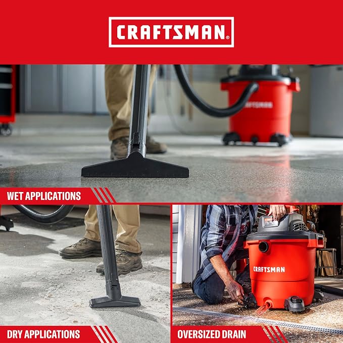 CRAFTSMAN CMXEVBE17596 20 Gallon 6.5 Peak HP Wet Dry Shop Vacuum | Heavy-Duty Wet and Dry Vac with Filter, Dust Bag, Hose and Attachments for Shop, Garage, Jobsite Cleaning