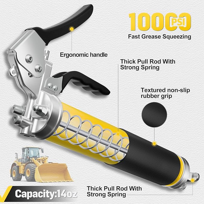 GEVEELIFE Grease Gun Kit,10000 PSI Heavy Duty Pistol Grip Grease Gun with 14 oz Capacity,2×18 Inch Resin Flex Hoses,4 Versatle Couplers,Extension Rigid Pipe,Suitable for Automotive, Marine，Machine
