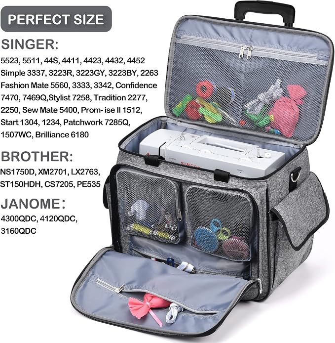 CAB55 Rolling Sewing Machine Case, Detachable Rolling Sewing Machine Carrying Case on Wheels, Trolley Tote Bag with Removable Bottom Wooden Board for Most Standard Sewing Machine and Accessories
