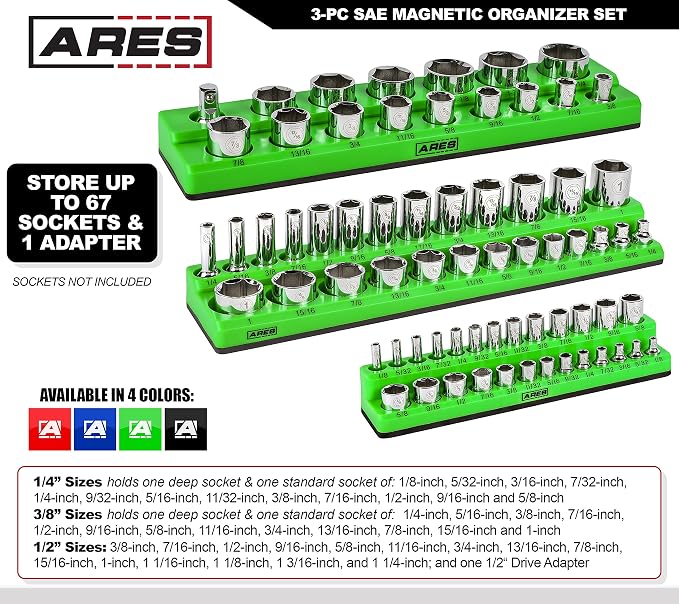 ARES 60037-3-Piece SAE Magnetic Socket Organizers Set - GREEN - Includes 1/4 in, 3/8 in, 1/2 in Socket Holders - Holds 68 Standard (Shallow) and Deep Sockets - Also Available in RED