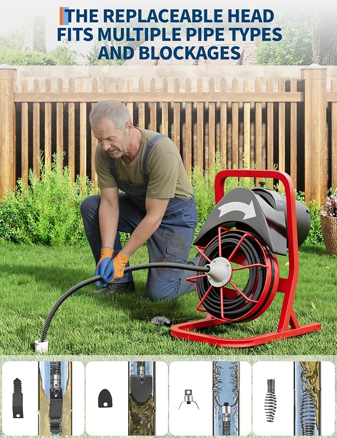 GarveeTech Drain Cleaner Machine 75FT x 1/2 Inch Steel Core Cable Portable 370W Electric Drain Cleaning Machine