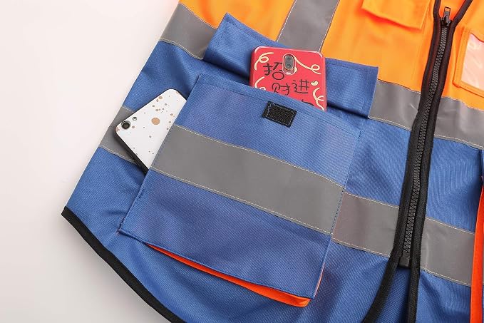 A-SAFETY High Visibility Reflective Vest, Mic Tabs, Zipper, Orange/Blue, M | Orange/Blue M work vest with reinforced pockets, black front zipper and clear ID holder for utility maintenance; unisex.