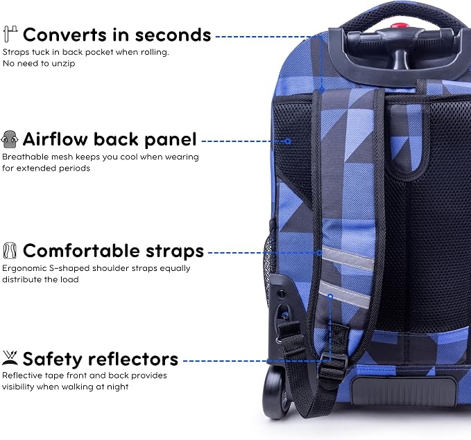 J World Sundance Laptop Rolling Backpack for Girls Boys. Roller Bookbag with Wheels, 20 Inch, Block Navy